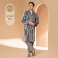 Men's elegant grey coral fleece robe and trousers set with white contrast piping - M / Elegant Grey Male Set