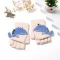 Cozy knitted winter gloves for children featuring a 3D blue cartoon dinosaur design - Moonlight Beige