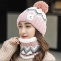 Detail of pink and gray knit beanie with warm fleece lining and fluffy faux fur pom-pom - One Size / Hat and Scarf Set - Pink