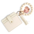 Beige woven PU leather card holder with silicone bead bracelet and MAMA charm - Off-white