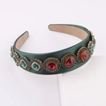 Close-up of Baroque wide headband with dark green satin and multi-colored rhinestones - Dark Green
