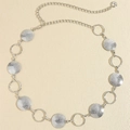 Silver metal chain belt featuring textured circular plates and smooth rings in a flat lay view - 19443 Geometric Disk Style-Silver