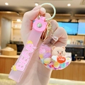 Pink liquid-filled moon keychain with cartoon bear and silicone hand strap - Moon Bear - Iridescent