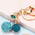 Sparkling cherry keychain with blue crystals and green leaves on gold metal clasp - Single OPP Bag Packaging / New Full Rhinestone Cherry Blue