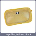 Large yellow mesh toiletry bag with cartoon eyes embroidery for travel organization - Large / Yellow