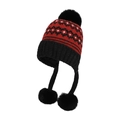 Winter Fair Isle earflap beanie in red and black with heart patterns and pom-poms - Burgundy