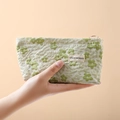 Light green cotton linen cosmetic bag with textured floral embroidery and zipper - Summer Green Floral Small