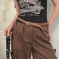 Fine ceinture tressée en similicuir marron vintage avec boucle en métal argenté chic - Tressé Sans Trou