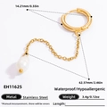 Gold stainless steel hoop earrings with chain and natural freshwater pearl drops - EH11625