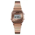 Rose gold digital women's metal watch with a rounded square dial and alarm features - Rose Gold - Steel Band