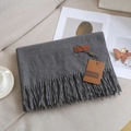 Solid dark grey cashmere-feel scarf with tassels and a brown leather brand label - 27# Dark Gray