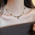 Maillard style beaded necklace with oval tiger eye stones and turquoise teardrop charm - 30# Necklace - Gold-Brown (Long Tube Bead Water Drop Pendant Style)