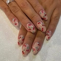 Handmade oval press-on nails with red cherry patterns and translucent pink base - No Accessories Style / X-0463 Pink Painted Cherry