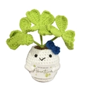 Handmade crochet lucky four-leaf clover potted plant with German adventure sign - Blue Bow Four-leaf Clover Potted