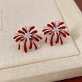 18K gold plated horse stud earrings with red glaze and sparkling zircon floral patterns - Silver Pin - Silver - Red