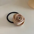 Elegant champagne satin rose hair tie with high elastic band for women hair styling - Satin Rose Hair Tie / Camel