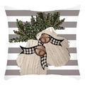 Christmas pillowcase with beige knitted gloves, brown bells and holly on gray stripes - Striped Background Mittens Decor