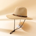 Sombrero de vaquero de paja vintage con colgante de pluma y cuentas étnicas para el sol - M (56-58cm) / Caqui