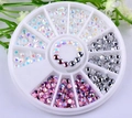 Nail art decoration set with iridescent AB rhinestones in a white 12-slot carousel organizer - Multicolor Pearl Wheel Gems (sp0041)