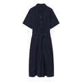 Navy blue short sleeve shirt dress with collar, gold buttons and matching belt - XS / Dark Blue