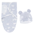Close-up of light blue newborn swaddle blanket and hat set with cloud and star patterns - Smiling Cloud Swaddle + Hat Set