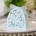 Detail of light blue laser-cut paper wedding favor box with delicate flower patterns - Pearl Pale Blue