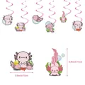 Detailed view of axolotl party hanging swirls featuring 5.9 inch pink cartoon cutouts - Hanging Cards and Swirls Decor