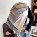 Women's cashmere-like scarf with large beige and grey plaid patterns and long tassels - Khaki Plaid