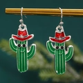 Christmas themed cactus earrings with red cowboy hat and sunglasses in green enamel finish - Cactus (X469)