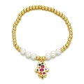 Golden beaded stretch bracelet with Hamsa pendant and colorful gemstones for women - Hamsa Hand Style (ML-CN001361YH)