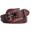 Detail of black leather belt featuring red rhinestones and metallic skull buckles - Black Base Red Rhinestone Triple Row
