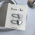 Set of two stylish silver heart hair clips with glitter and metallic finish on a card - Heart Hair Clip Set / 2 Pcs/Set