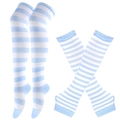 Blue and white horizontal striped thigh-high socks and matching arm sleeves set - One Size / Sky Blue and White Striped