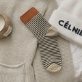 Japanese striped crew socks in beige and black with a contrasting orange rib cuff - One Size / Grey Stripe