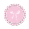 Close-up of pink bow disposable paper plate with gingham pattern and scalloped edges - Small Gingham Plates