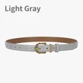 Minimalist light gray leather belt for women with vintage gold embossed metal buckle - Light Gray