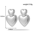 French style double heart silver titanium steel earrings for women with polished finish - Silver