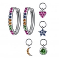 Silver-toned S925 hoop earrings set with colorful zircon heart, star and moon charms - Multi-color Zircon Silver