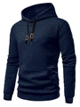 Detail shot of navy blue men's hoodie featuring waffle knit texture and black drawstrings - S / Navy Blue