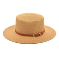 Classic straw boater hat with a brown faux leather band and gold buckle on white background - M (56-58cm) / Camel