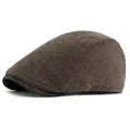 Retro dark brown corduroy flat cap for men and women featuring a black leather brim - Adjustable / Grey Green