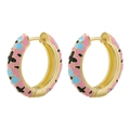 Detailed close-up of colorful enamel flower earrings with intricate gold finish texture - Pink