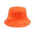 Close-up of fluffy orange faux fur winter bucket hat with soft plush texture and warmth - Adult size 56-58cm / Orange