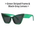 Cat eye sunglasses with green striped frames and dark grey lenses for fashion - Green Stripe Frame Black Grey Lens