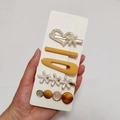 Ginger yellow and pearl hair clip set with heart rhinestones and floral designs - Lost Island Style (5 Piece Set)