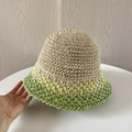 Detail of handwoven straw cloche hat featuring a cream and gradient green color block design - M (56-58cm) / Green