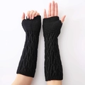 Unisex black long cable knit fingerless gloves with thumb hole for winter warmth - Black