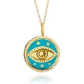 Gold round Tarot necklace with evil eye, moon and star motifs on turquoise enamel - Eye