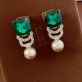 Detail view of vintage earrings with green square gemstone and dangling pearl - Drop Earrings (WE5855WN2260) / Silver Earring Post - Silver - Green