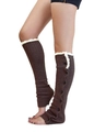 Detail of brown cable knit leg warmers with delicate white lace trim and button accents - One Size / Coffee